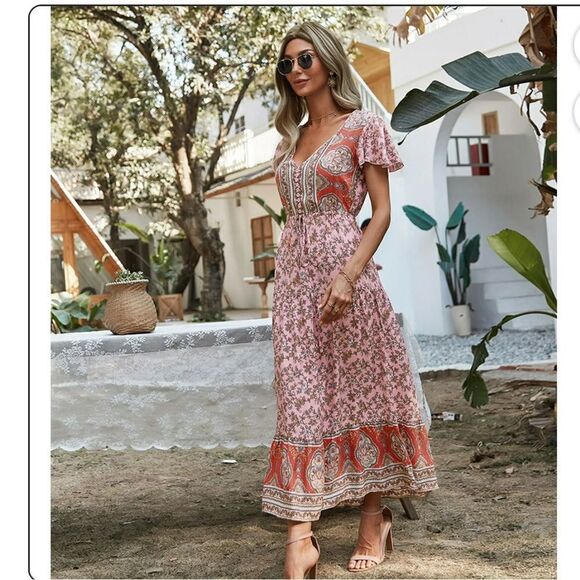 Prettygarden Boho Multicolor Printed V Neck Bohemian Maxed Dress - Picture 2 of 12